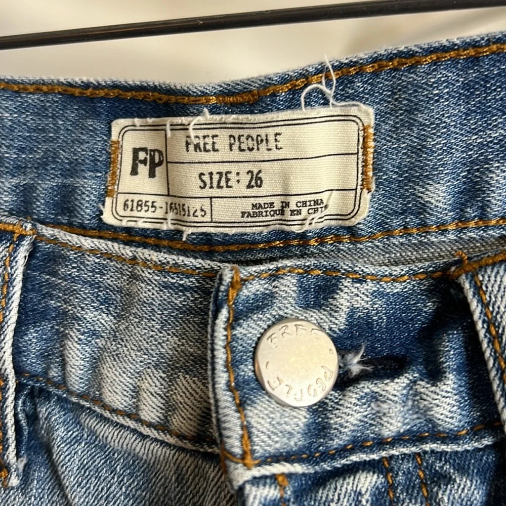 Free People Crochet Detail‎ Distressed Light Blue Raw Hem Straight Leg Jeans- 2